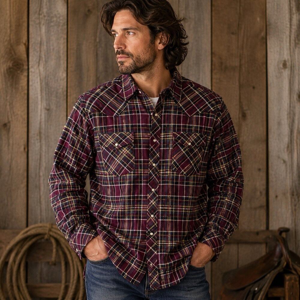 Wrangler XXL Western Pearl Snap Flannel Shirt Burgundy Plaid Cowboy Ranch 2XL